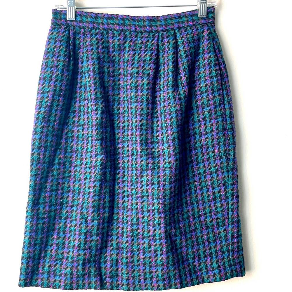 Amanda Smith Green Purple Pink & Navy Houndstooth Lined Mini Skirt w pleats -10P